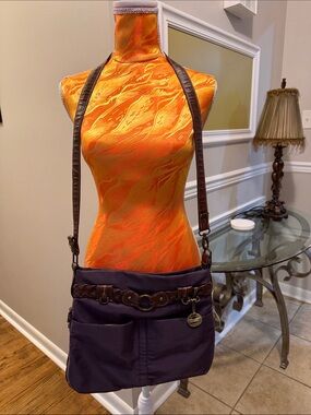 Travelon Crossbody Expandable Bag in Deep Purple with Brown Accents